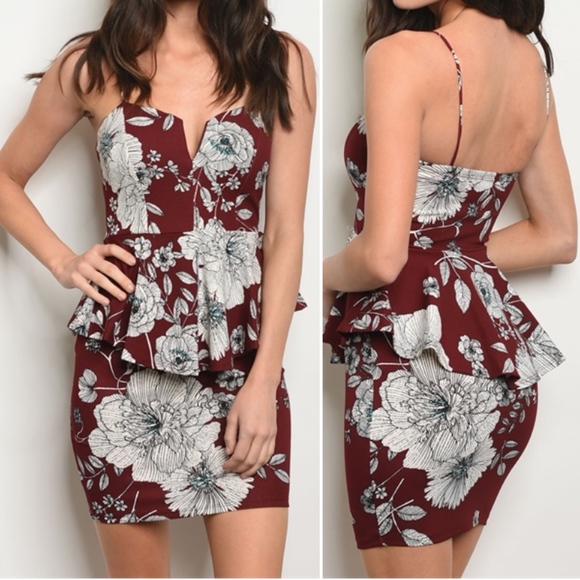 LAST 1! BURGANDY WINE FLORAL PEPLUM DRESS - Picture 2 of 8